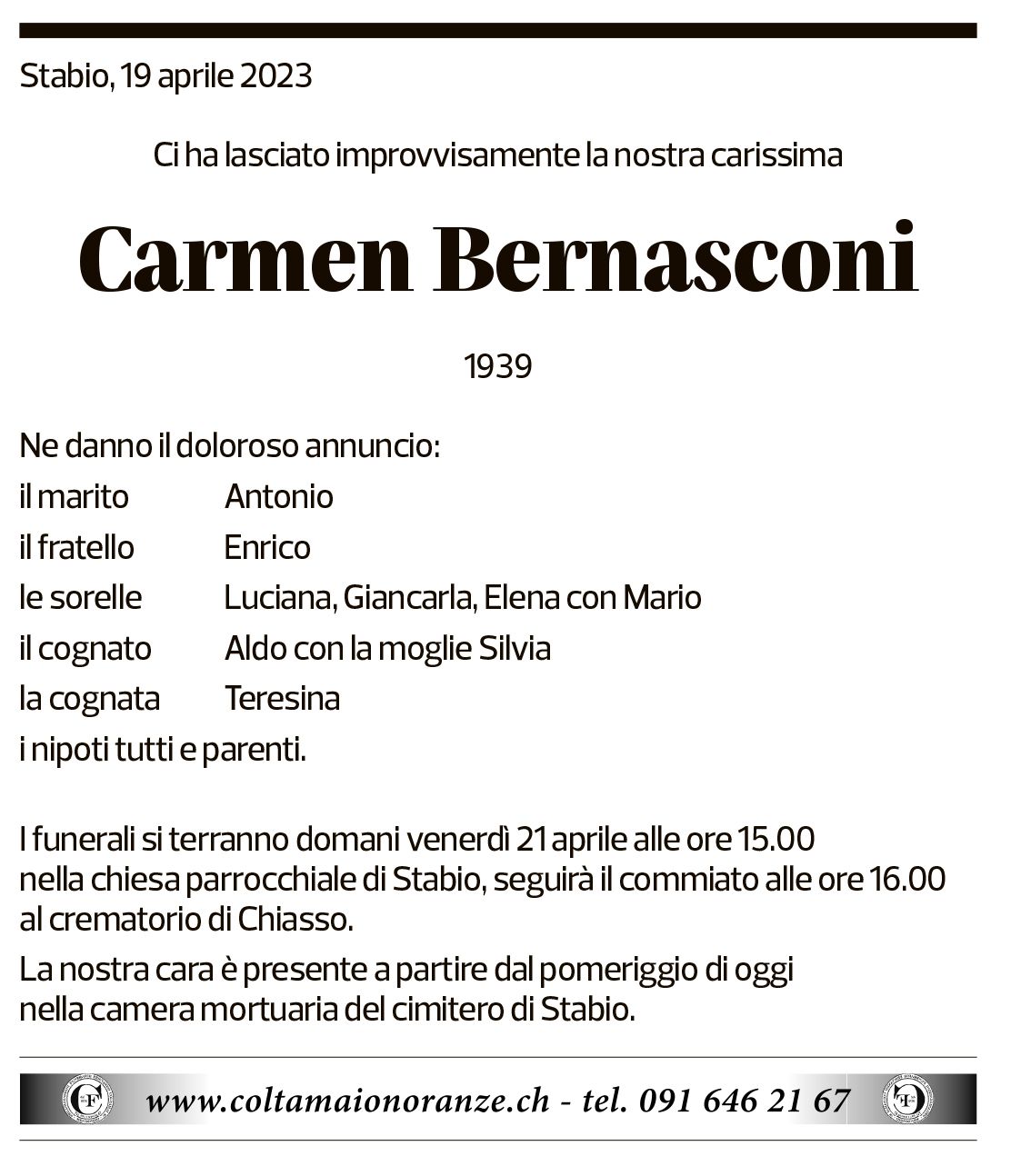 Annuncio funebre Carmen Bernasconi