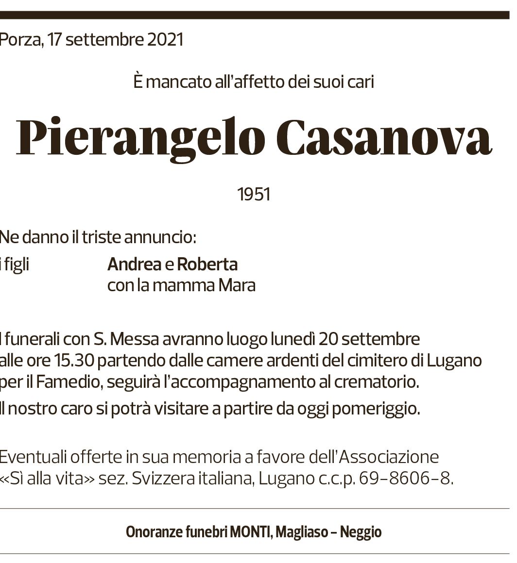 Annuncio funebre Pierangelo Casanova