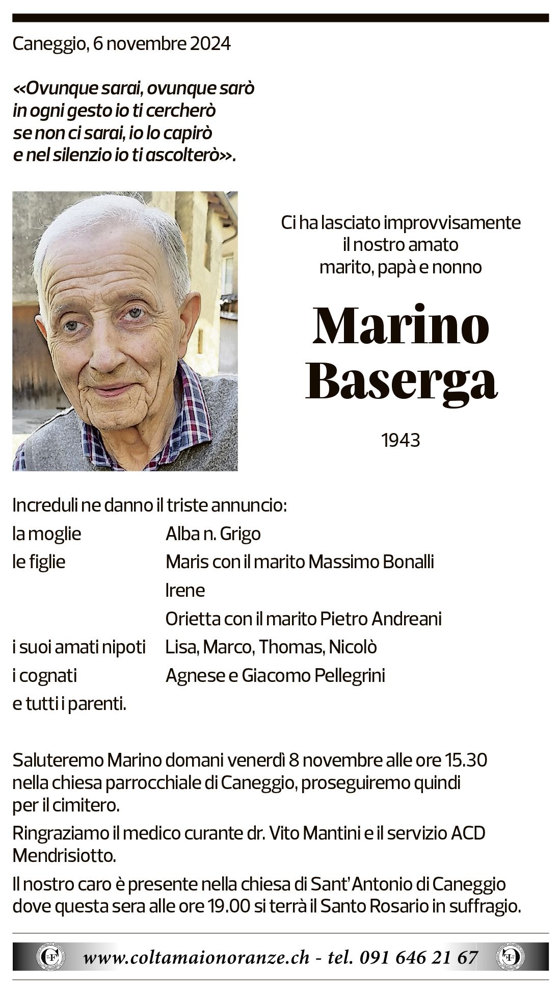 Annuncio funebre Marino Baserga