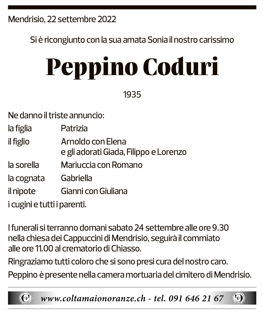 Annuncio funebre Peppino Coduri