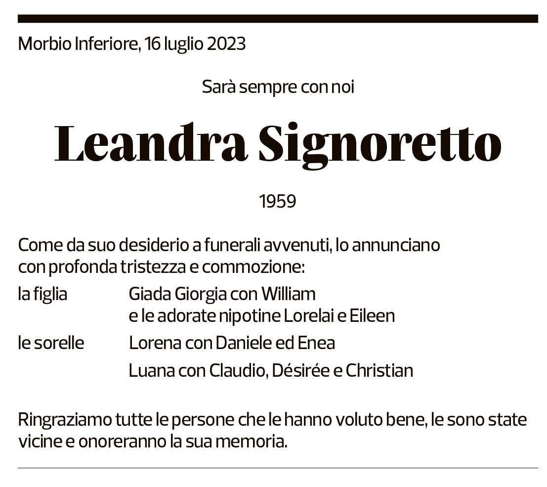 Annuncio funebre Leandra Signoretto