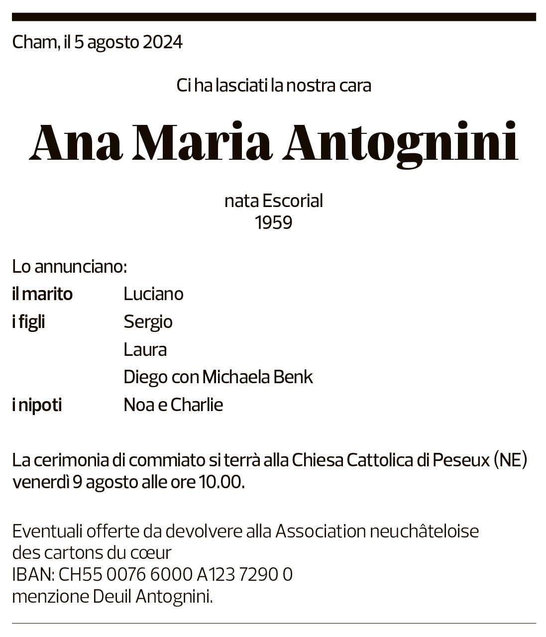 Annuncio funebre Anna Maria Antognini