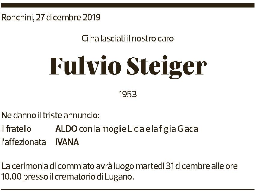 Annuncio funebre Fulvio Steiger
