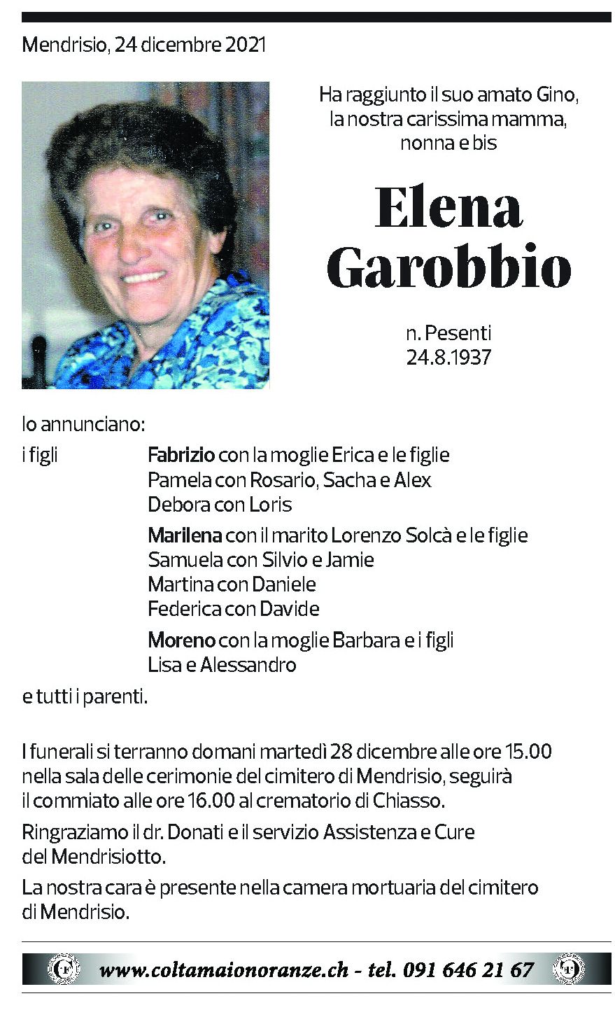 Annuncio funebre Elena Garobbio