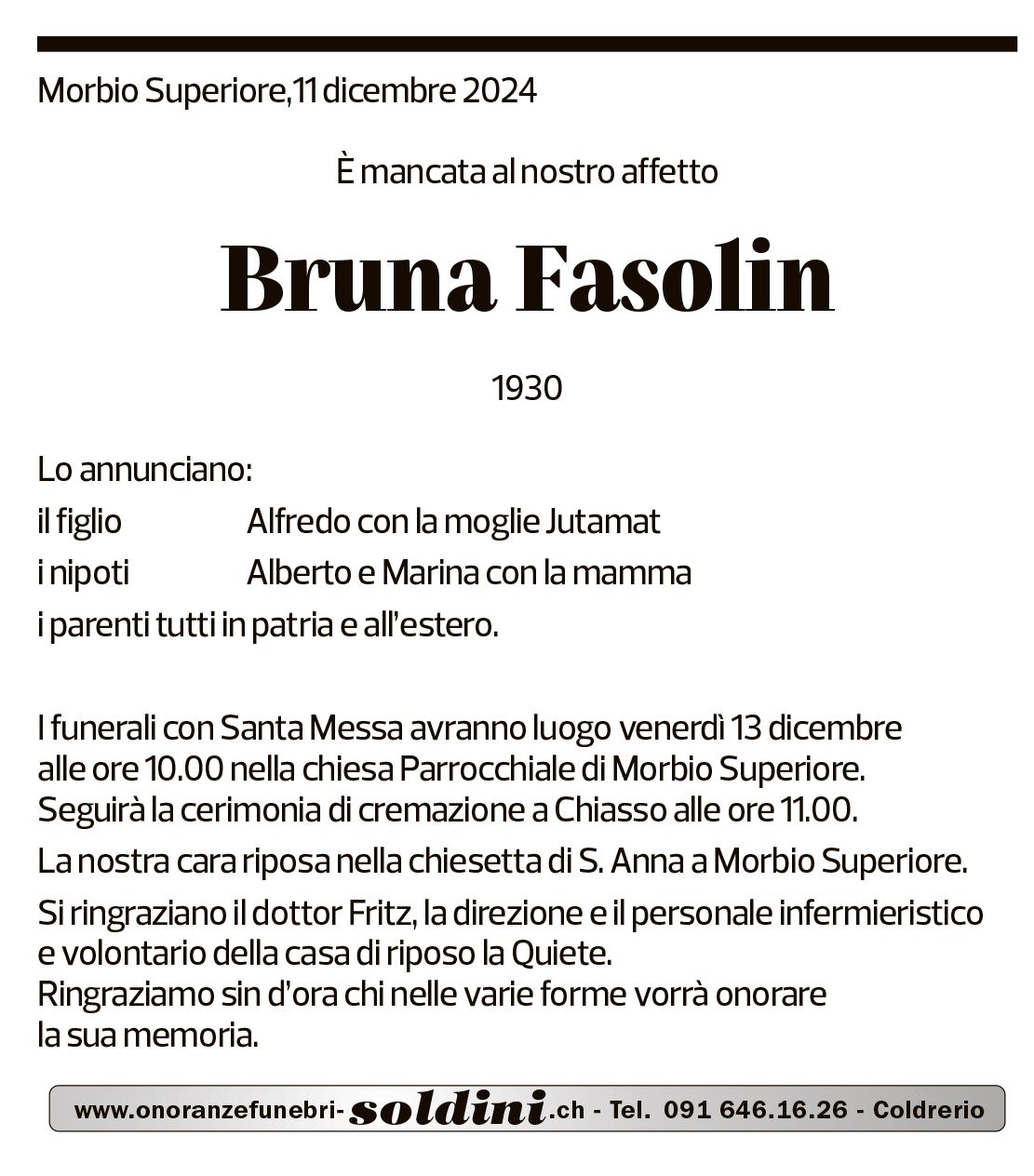 Annuncio funebre Bruna Fasolin