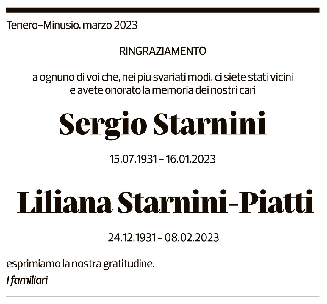 Annuncio funebre Sergio Starnini Liliana Starnini-piatti