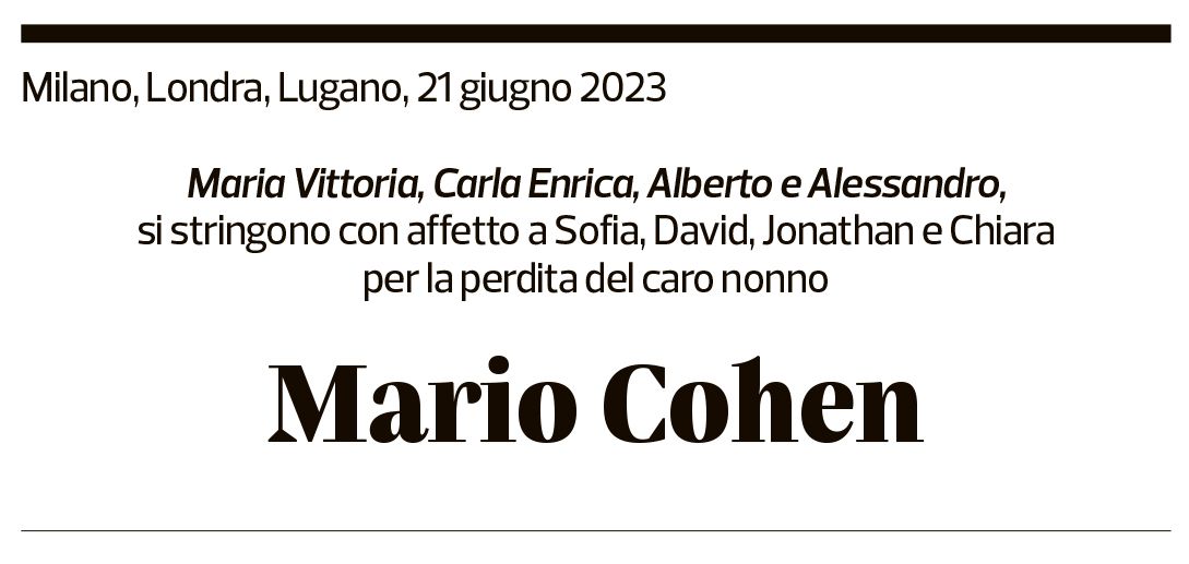 Annuncio funebre Mario Cohen