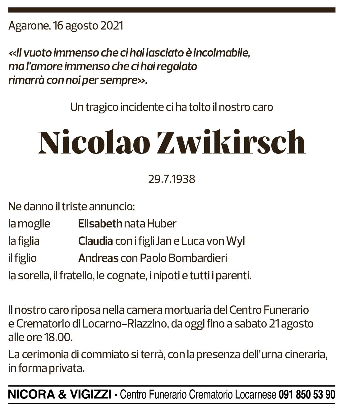 Annuncio funebre Nicolao Zwikirsch