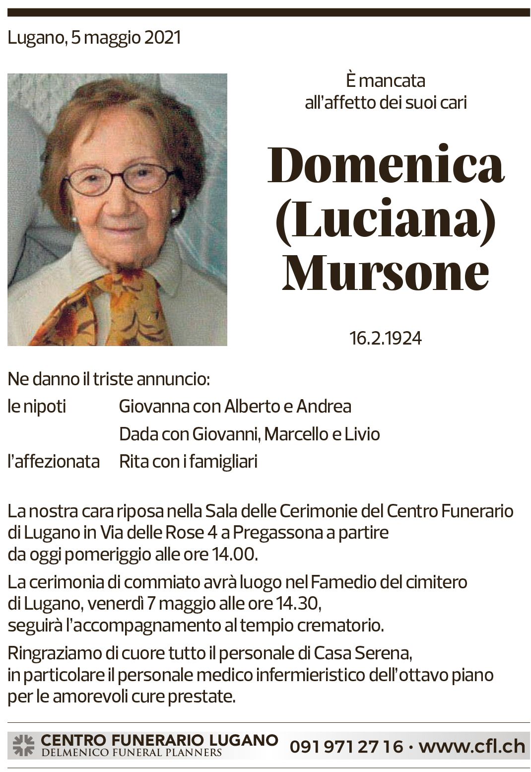 Annuncio funebre Domenica Mursone