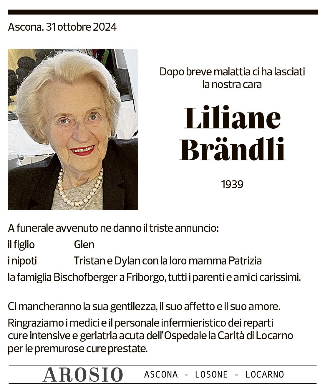 Annuncio funebre Liliane Brändli