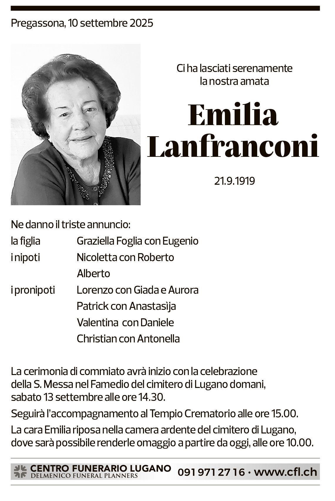 Annuncio funebre Emilia Lafranconi