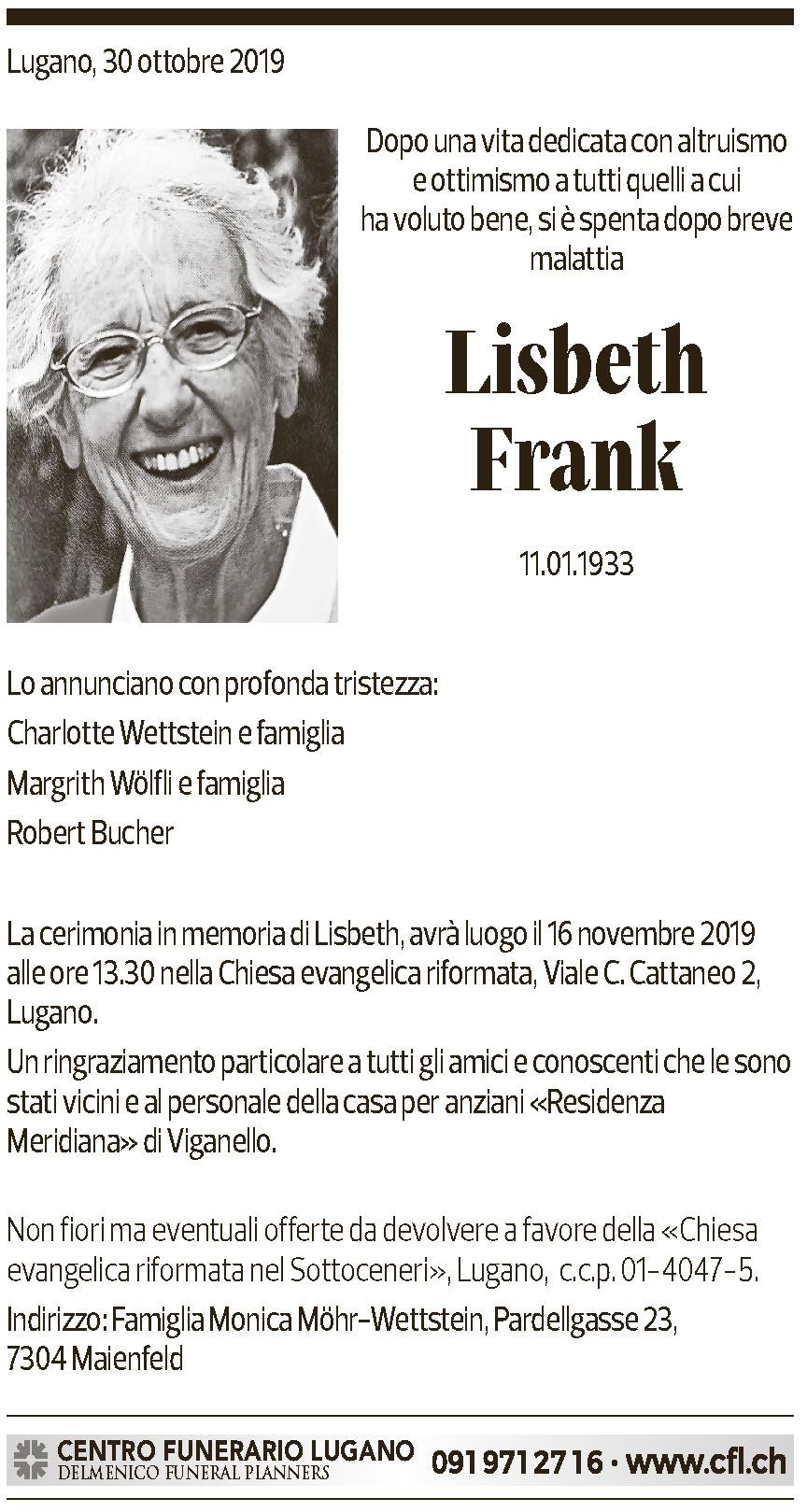Annuncio funebre Lisbeth Frank