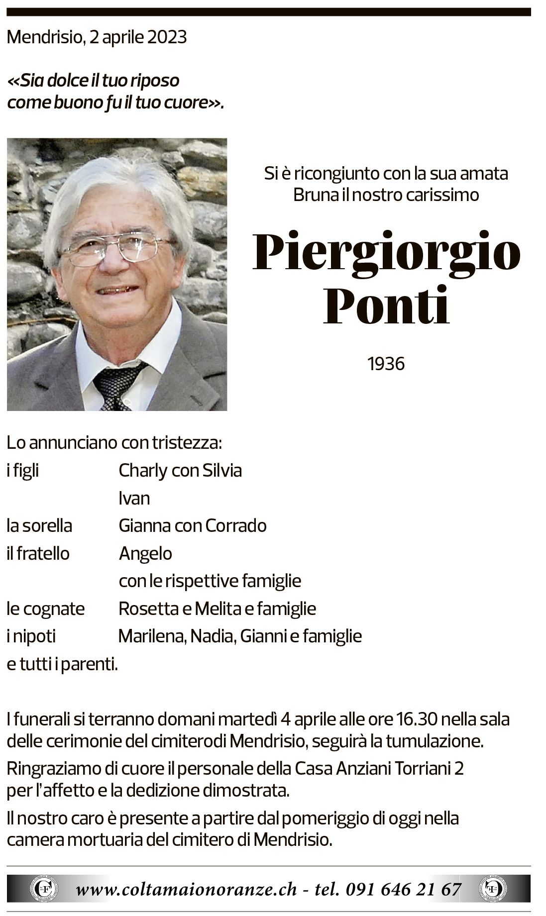 Annuncio funebre Piergiorgio Ponti