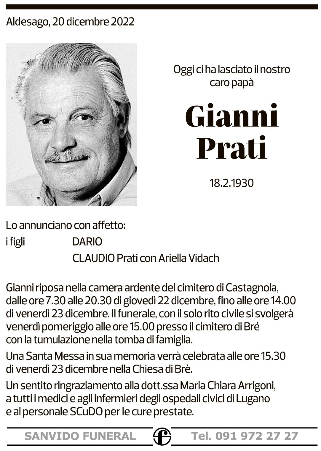 Annuncio funebre Gianni Prati