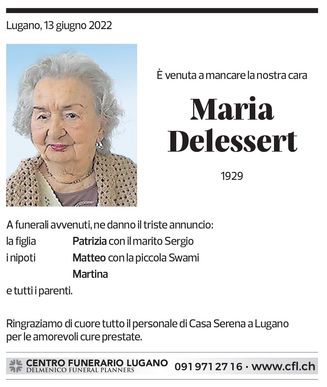 Annuncio funebre Maria Delessert