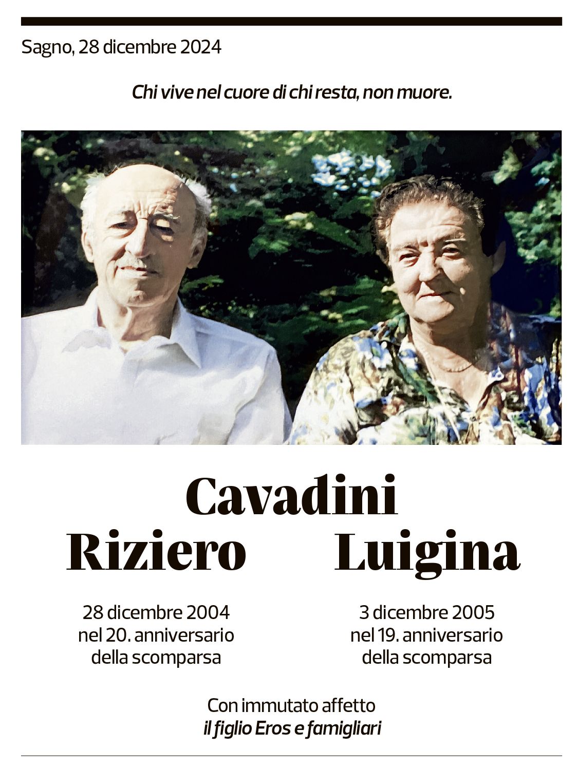 Annuncio funebre Riziero E Luigina Cavadini