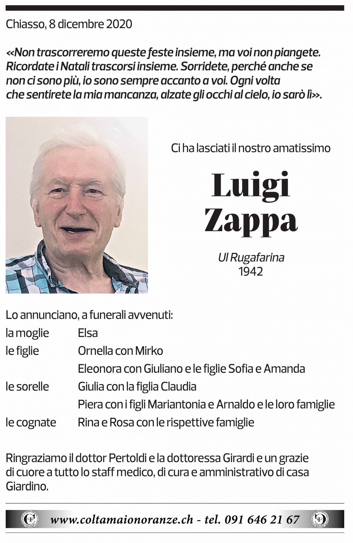 Annuncio funebre Luigi Zappa
