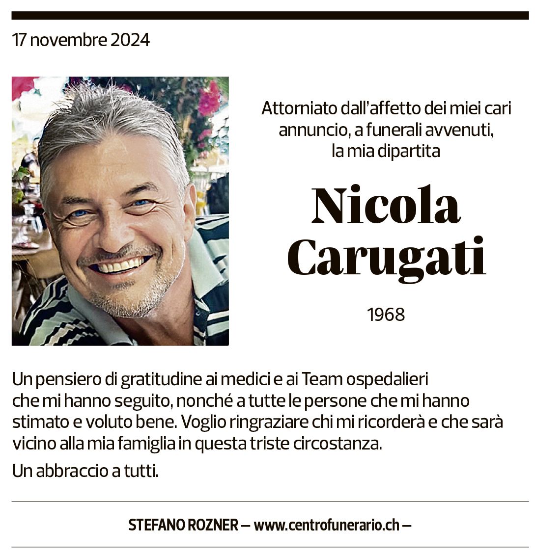 Annuncio funebre Nicola Carugati