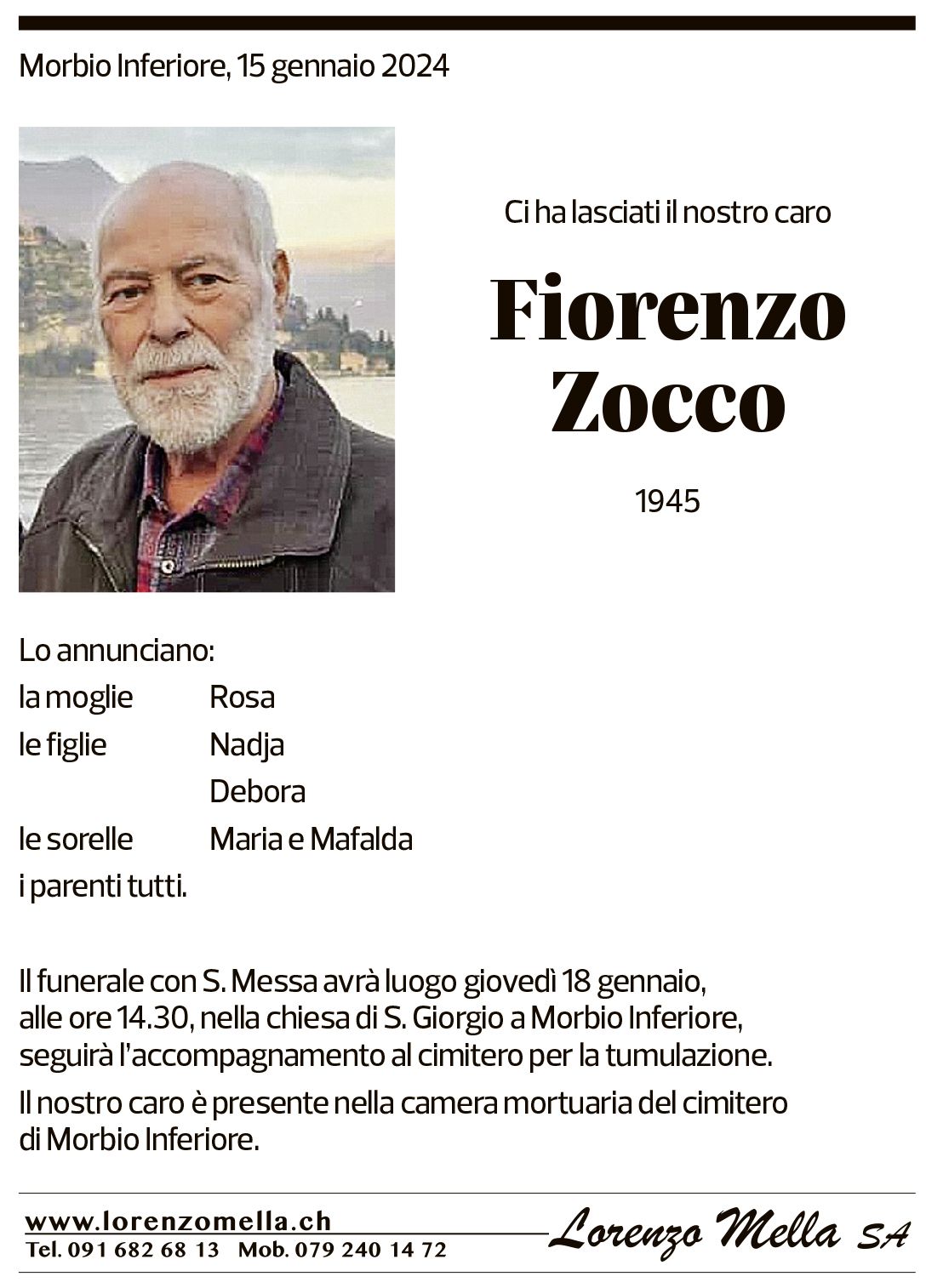 Annuncio funebre Fiorenzo Zocco