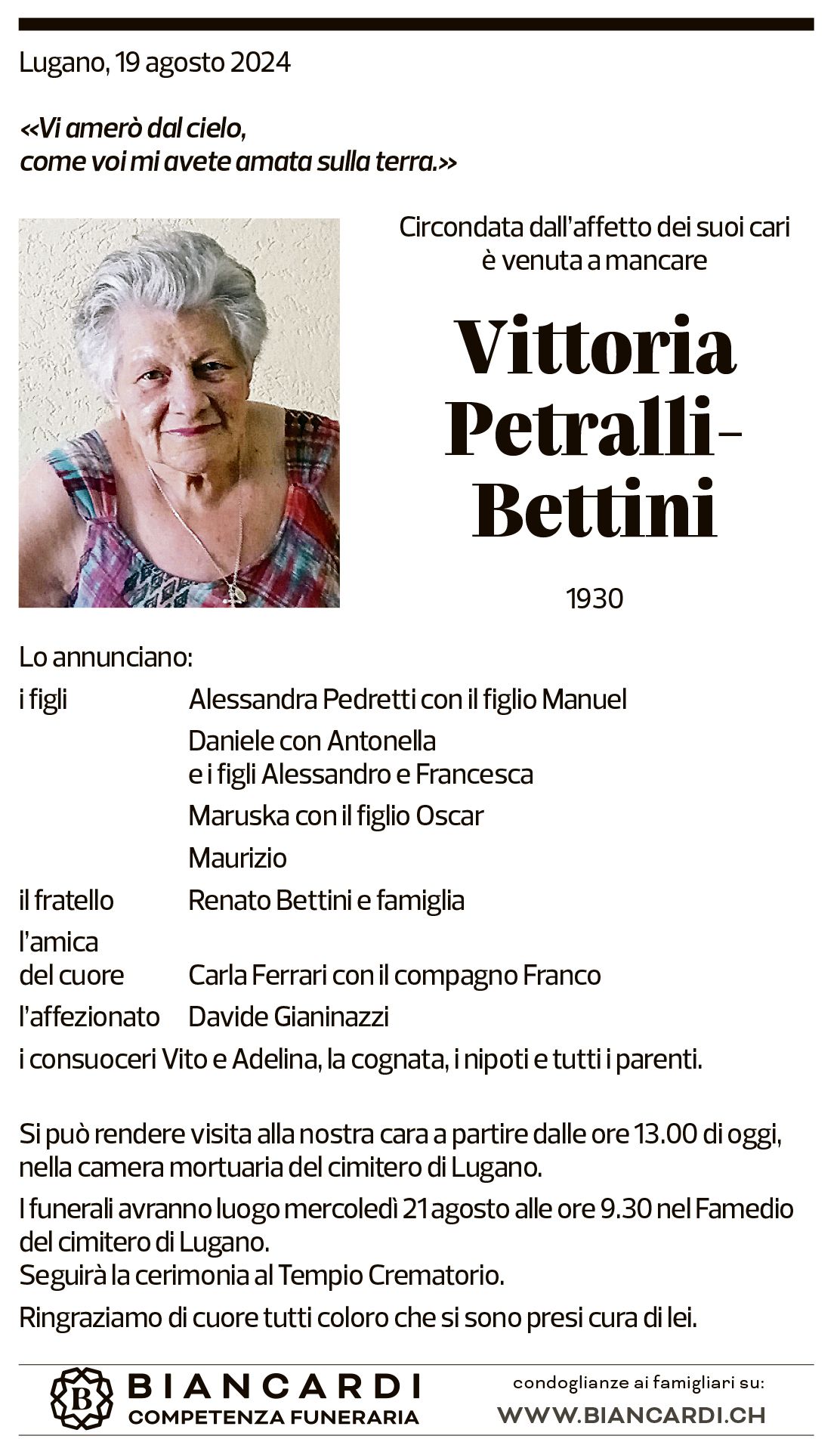 Annuncio funebre Vittoria Petralli-bettini