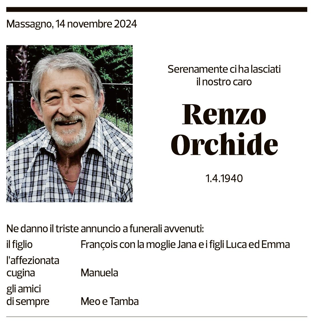 Annuncio funebre Renzo Orchide