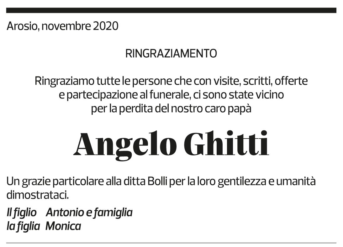 Annuncio funebre Angelo Ghitti