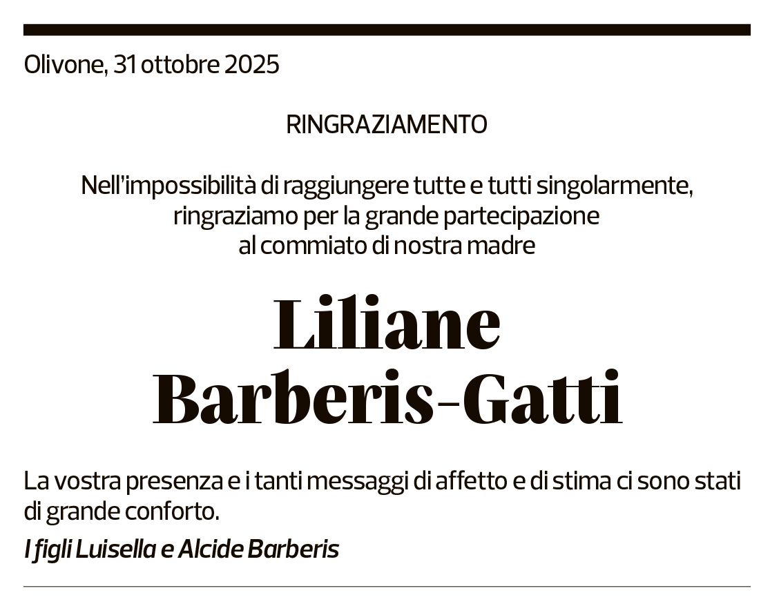 Annuncio funebre Liliane Barberis-gatti