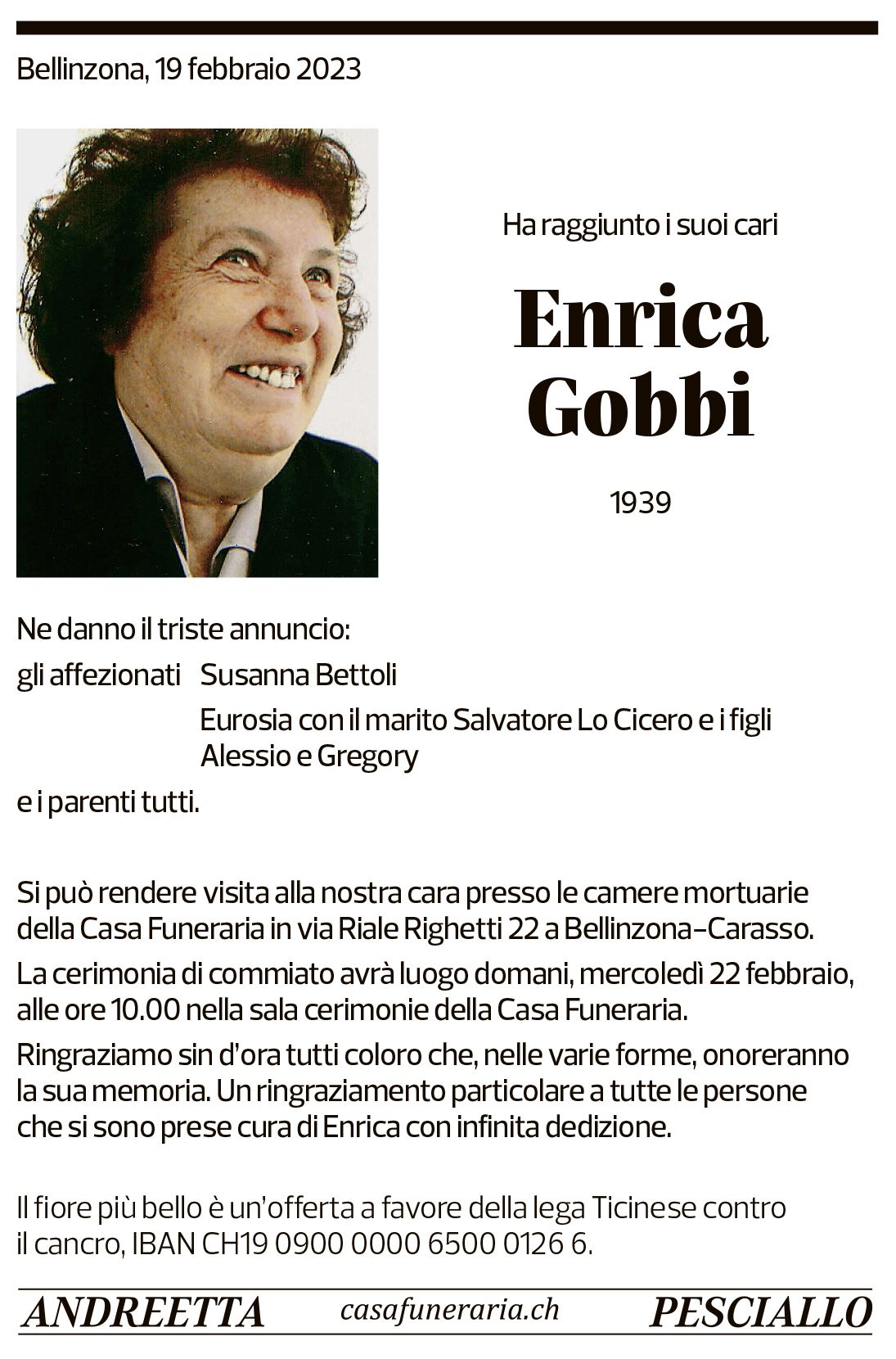 Annuncio funebre Enrica Gobbi