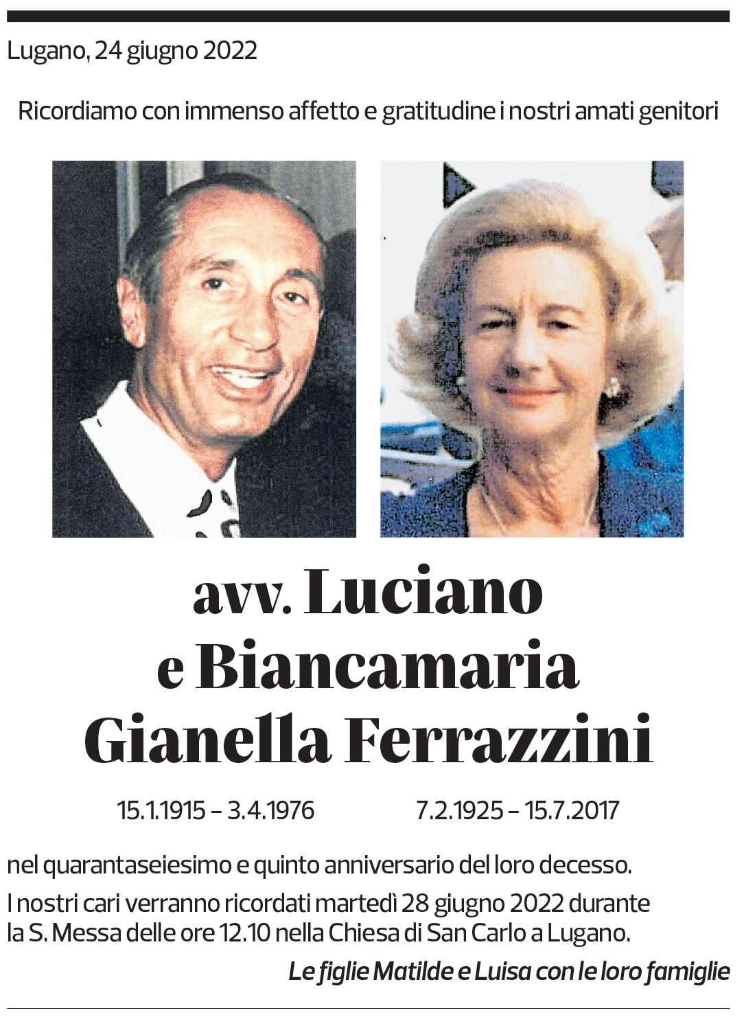 Annuncio funebre Luciano Gianella Ferrazzini Biancamaria Gianella Ferrazzini