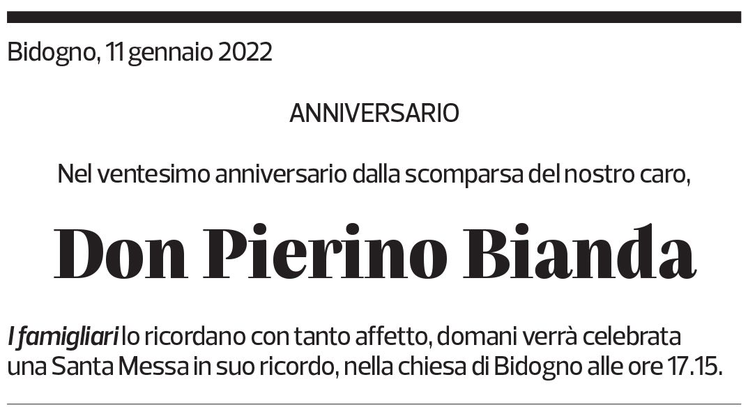 Annuncio funebre Pierino Bianca