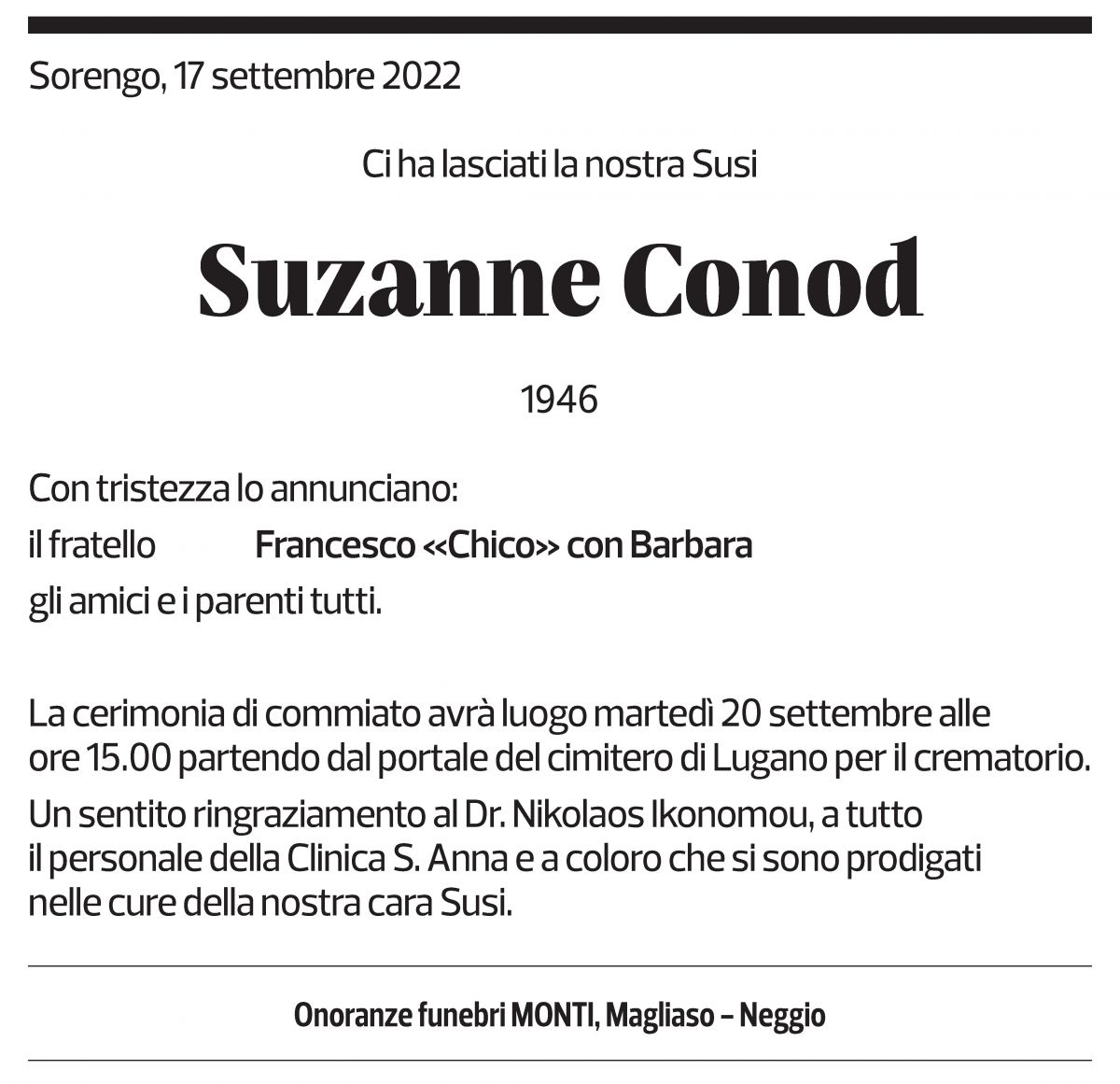 Annuncio funebre Suzanne Conod