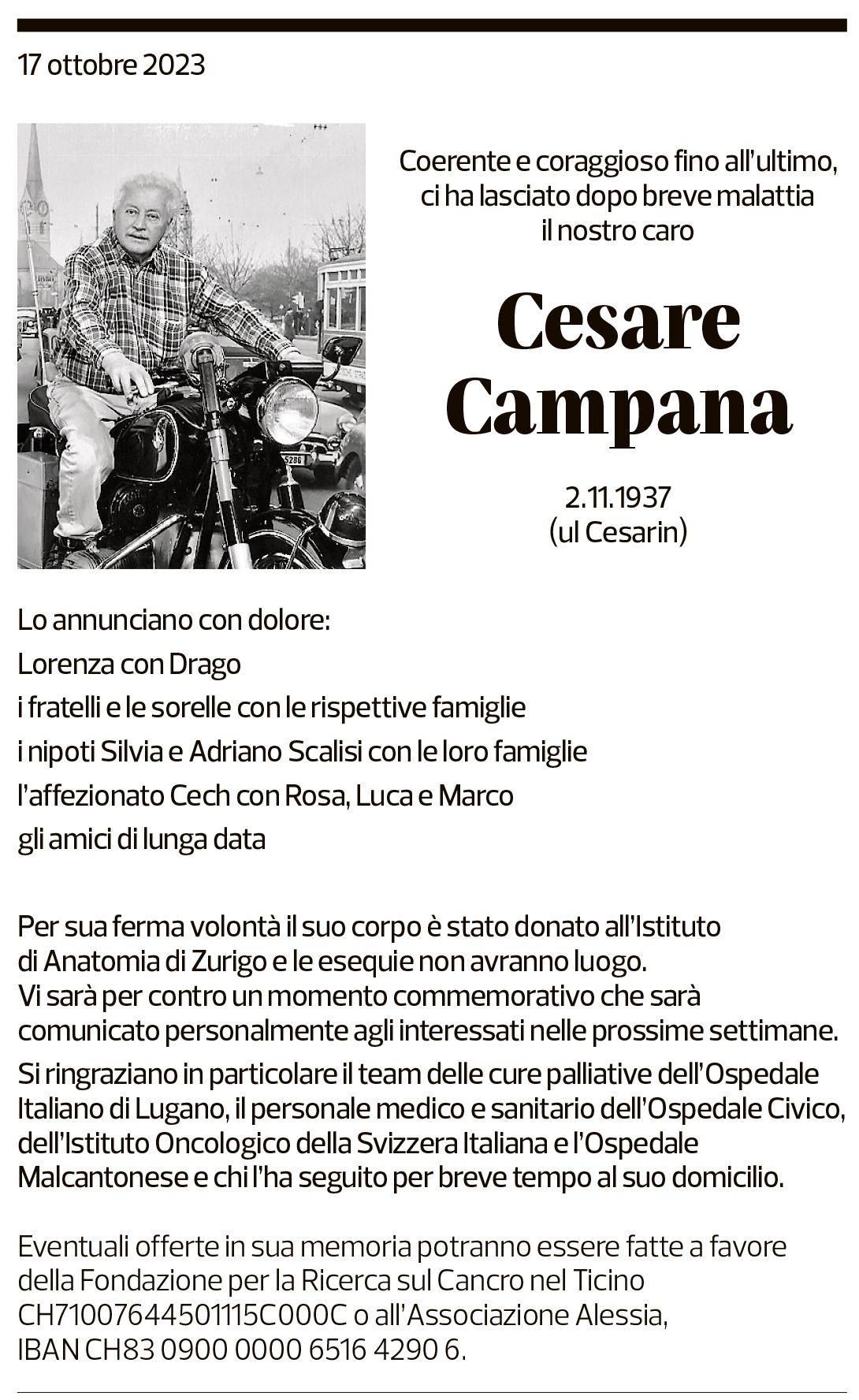 Annuncio funebre Cesare Campana