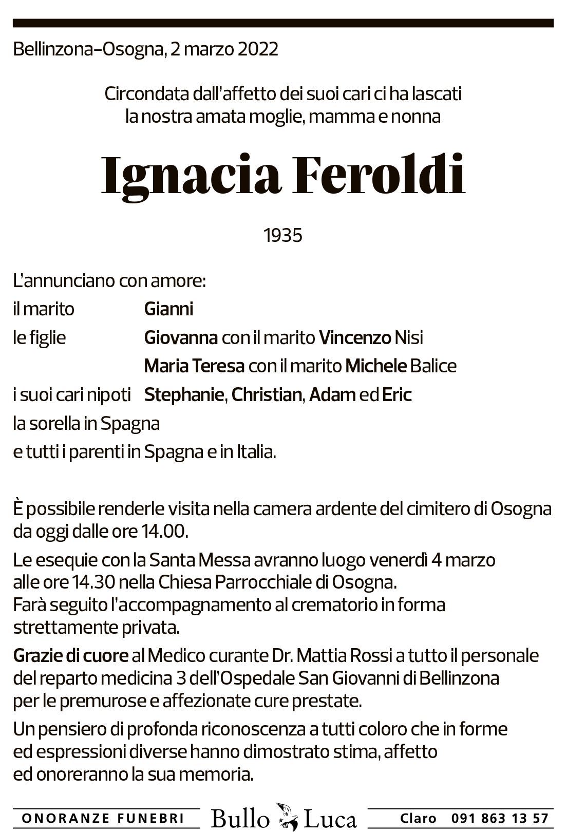 Annuncio funebre Ignacia Feroldi