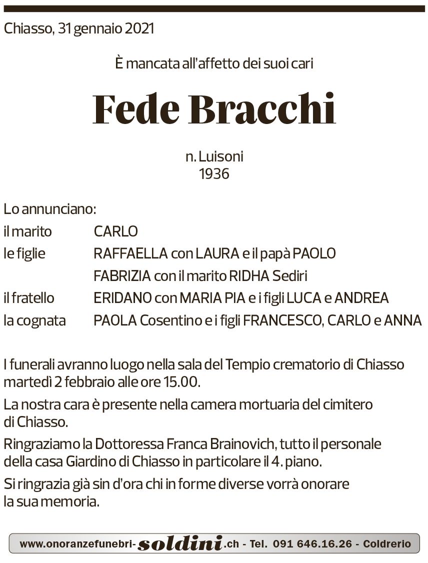 Annuncio funebre Fede Bracchi