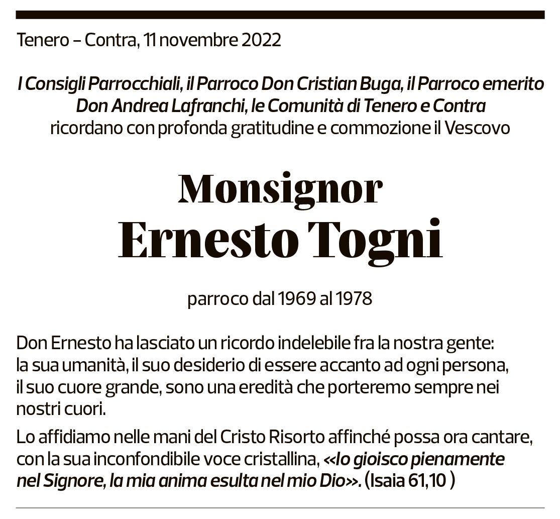 Annuncio funebre Ernesto Togni