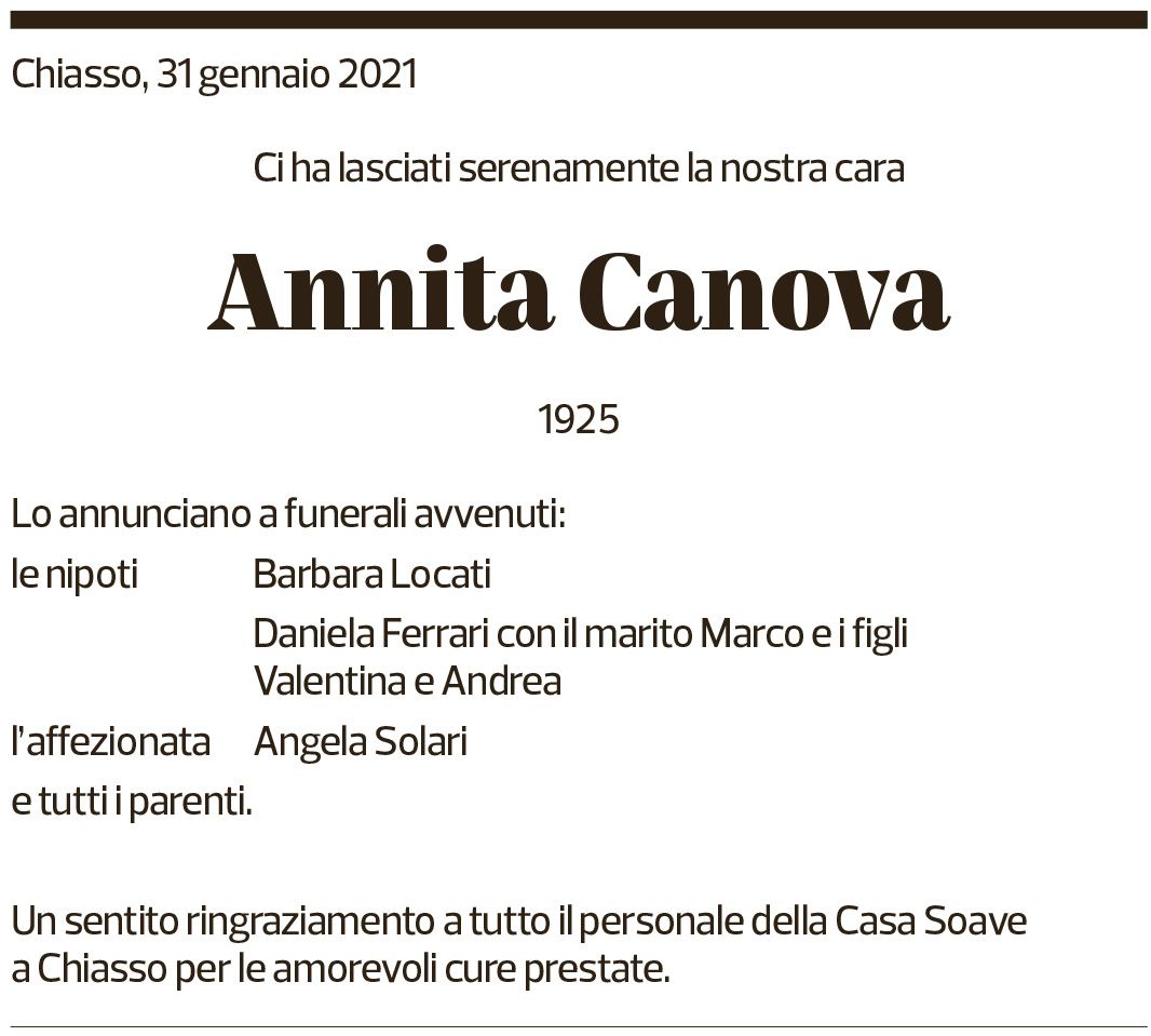 Annuncio funebre Annita Canova