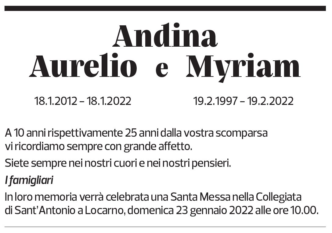 Annuncio funebre Aurelio Myriam Andina