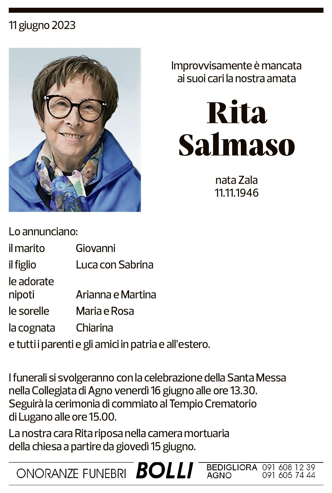 Annuncio funebre Rita Salmaso