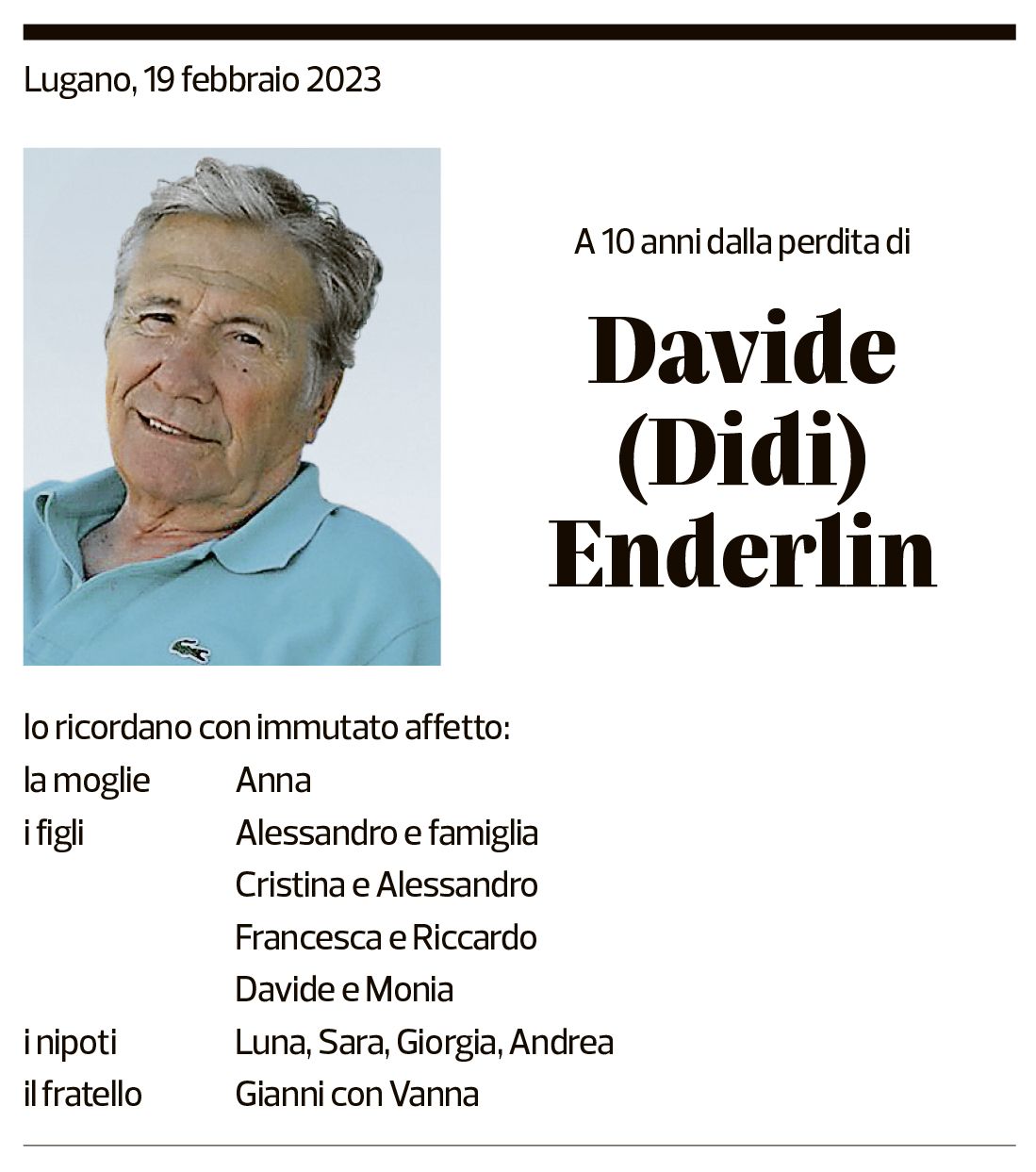 Annuncio funebre Davide Didi Enderlin