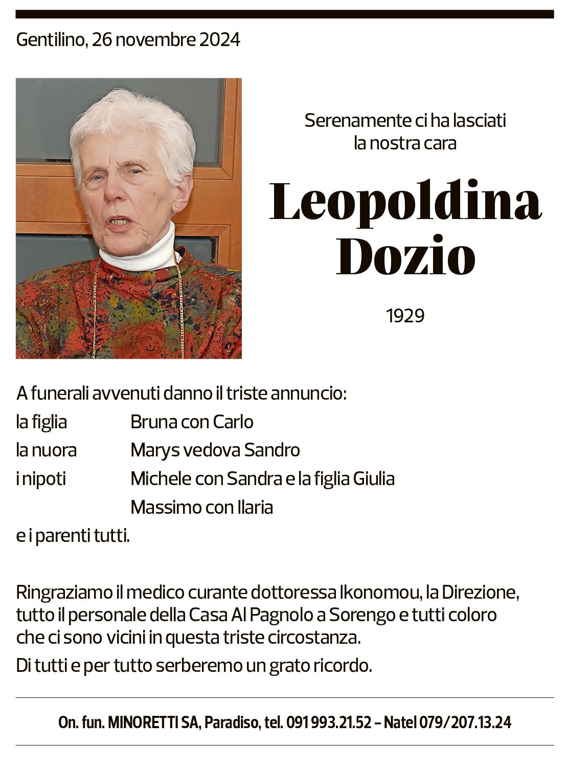 Annuncio funebre Leopoldina Dozio