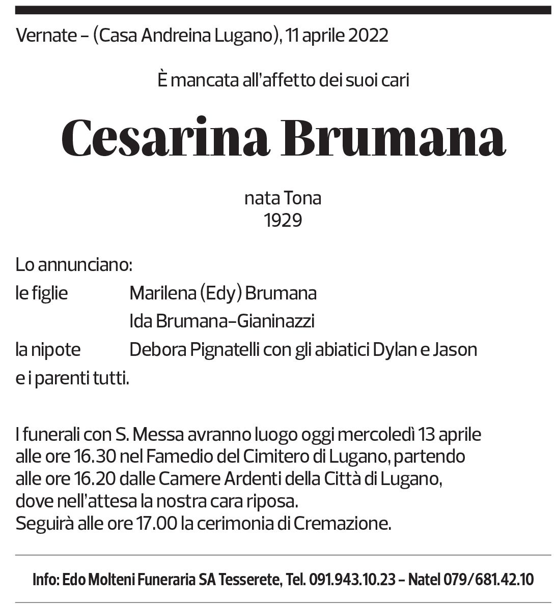 Annuncio funebre Cesarina Brumana