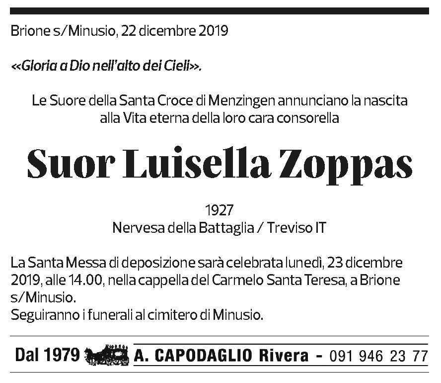 Annuncio funebre Luisella Zoppas