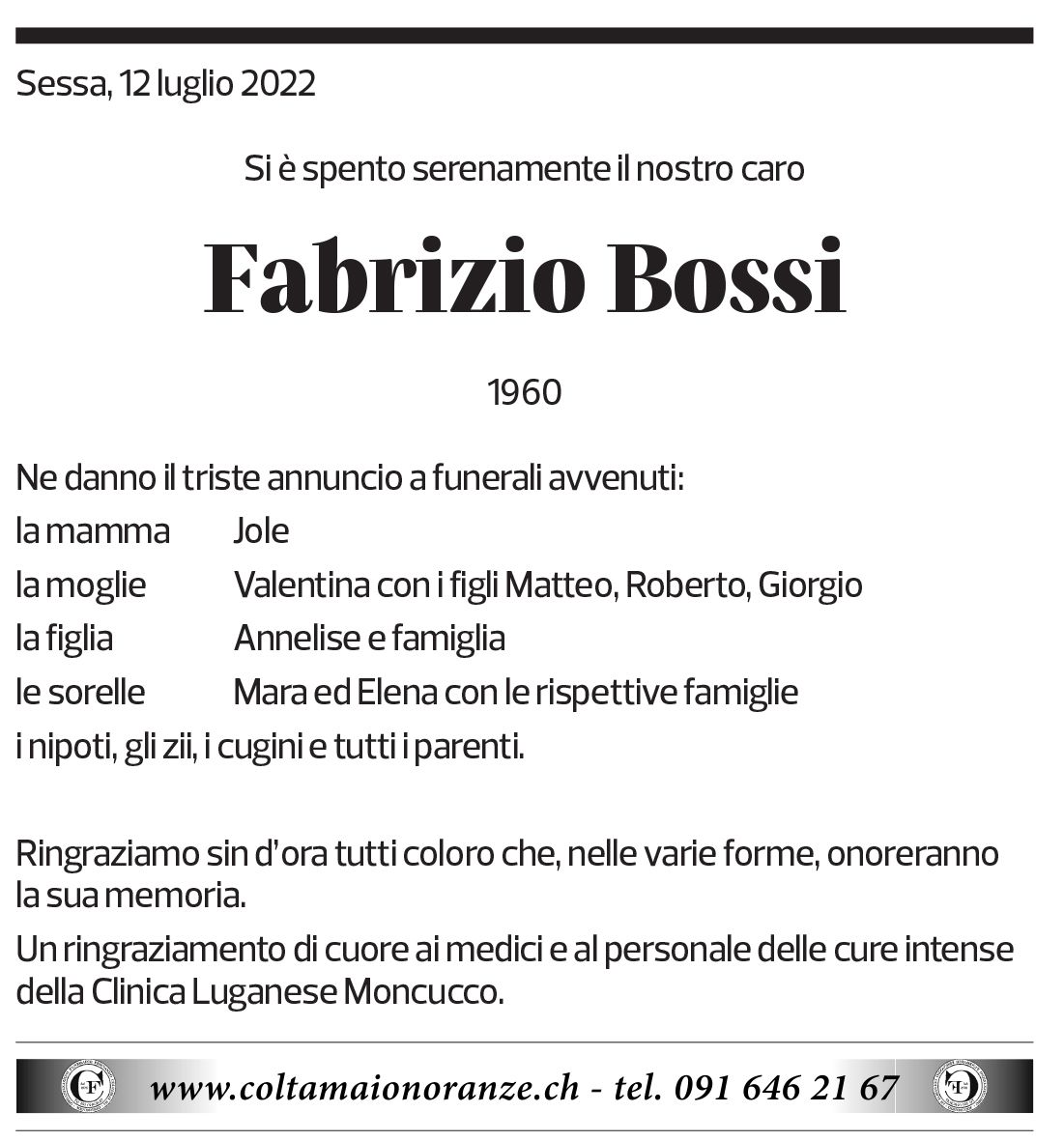 Annuncio funebre Fabrizio Bossi