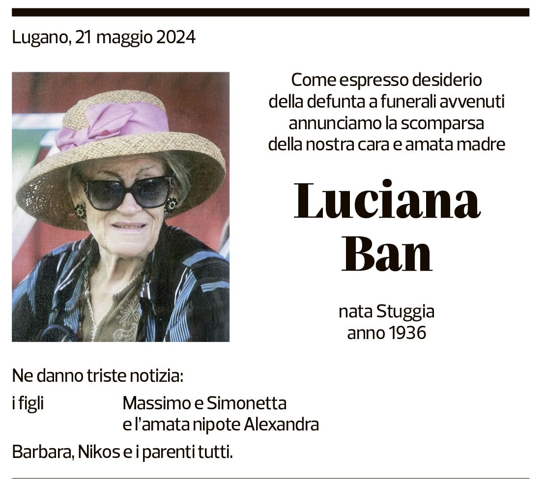 Annuncio funebre Luciana Ban