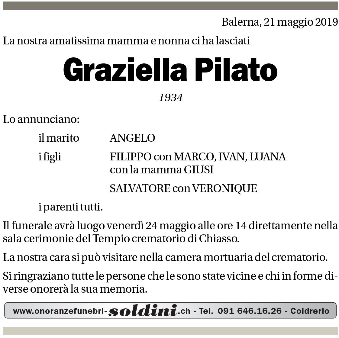 Annuncio funebre Graziella Pilato