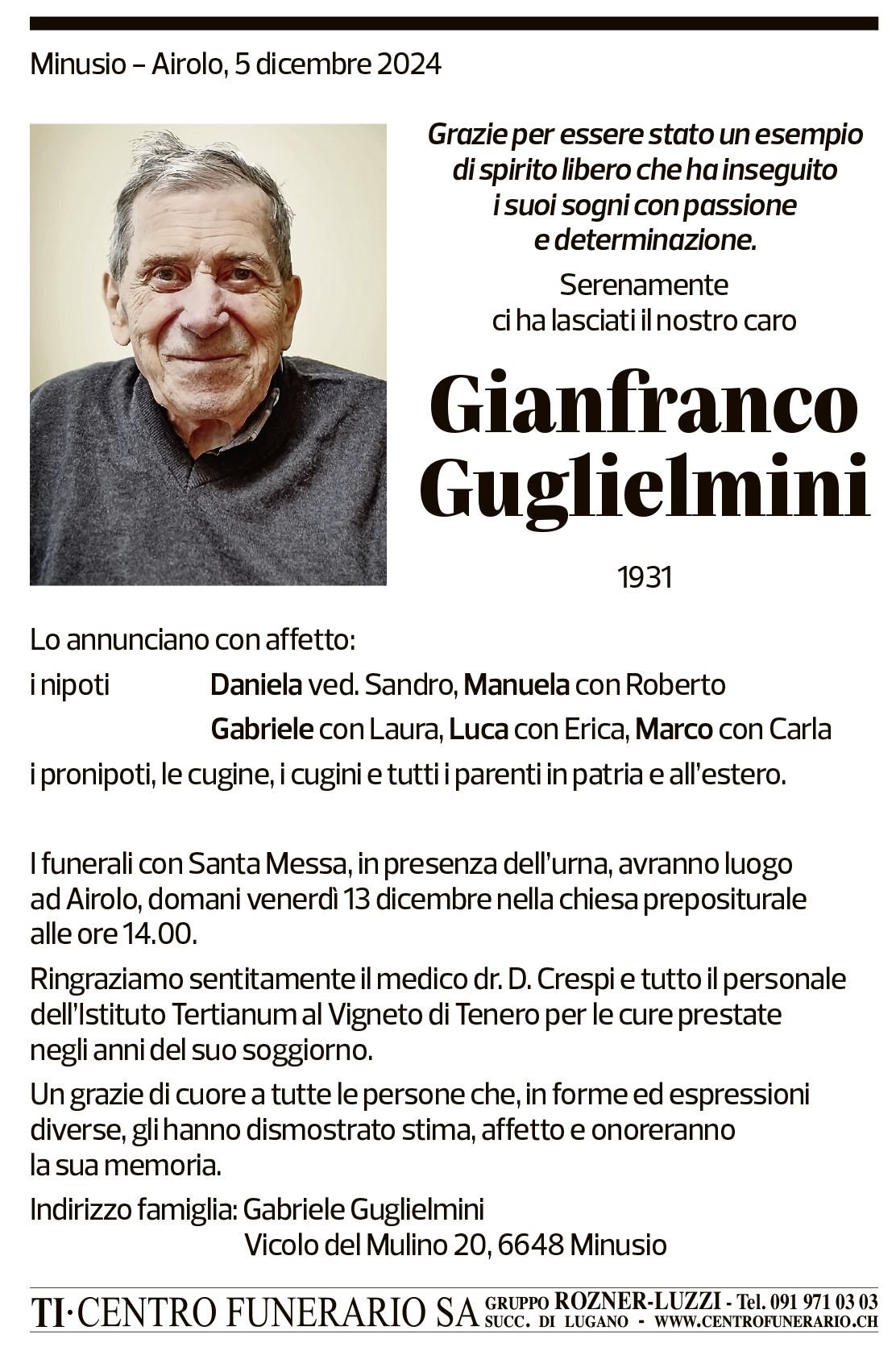 Annuncio funebre Gianfranco Guglielmini