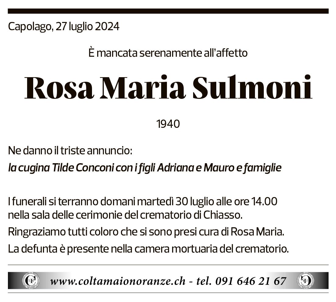 Annuncio funebre Rosa Maria Sulmoni