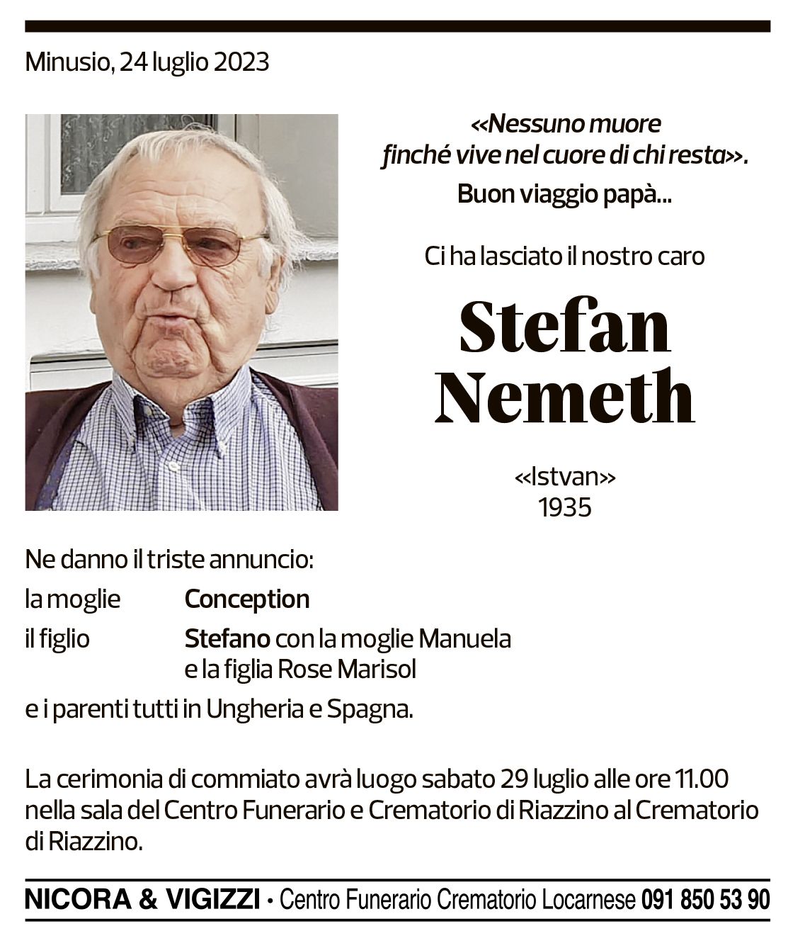 Annuncio funebre Stefan Nemeth