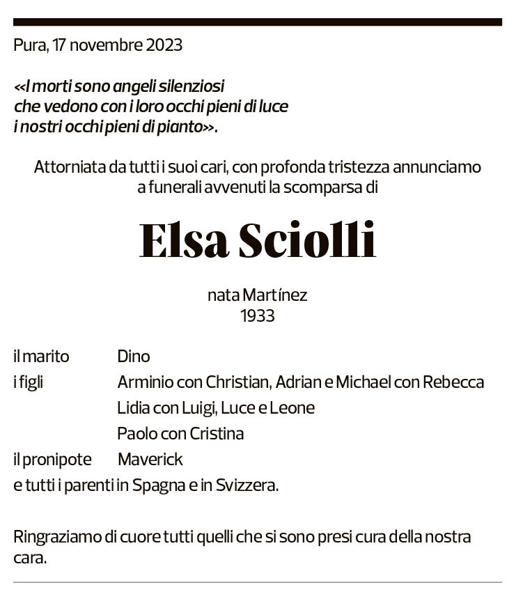 Annuncio funebre Elsa Sciolli