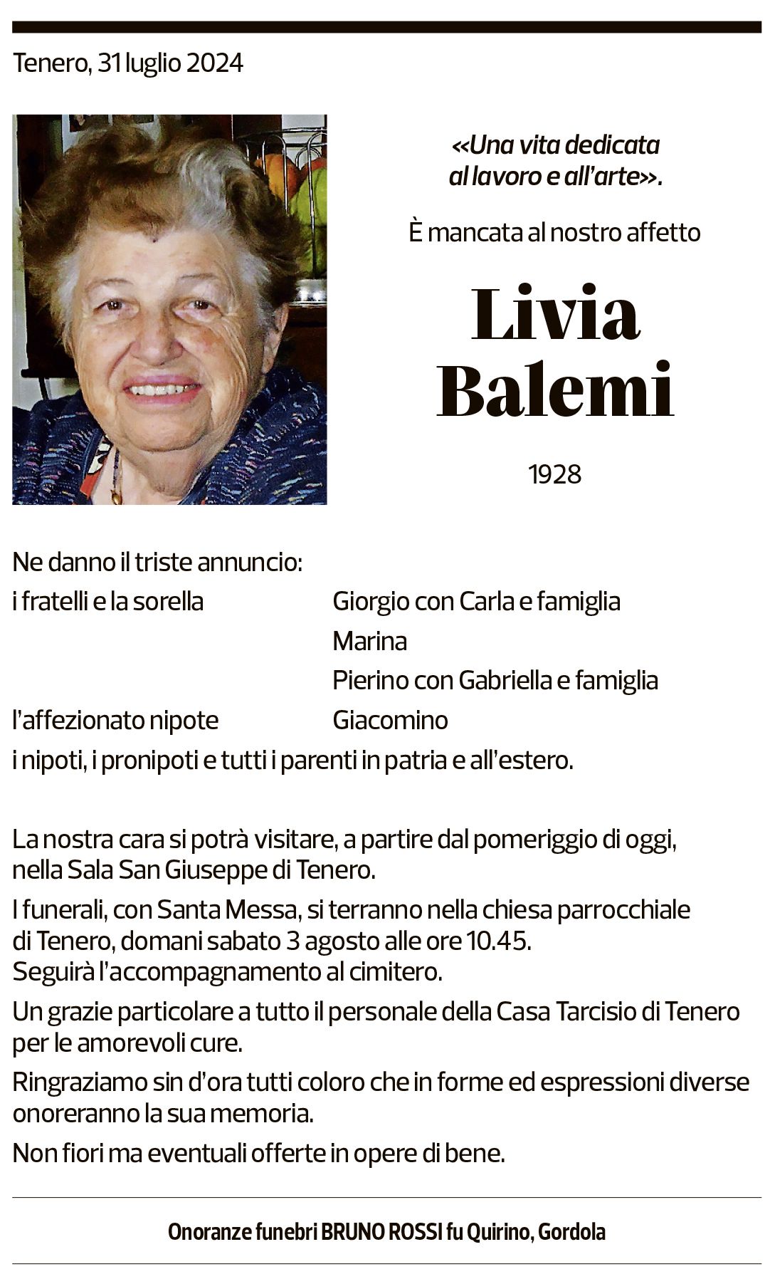 Annuncio funebre Livia Balemi